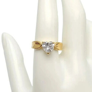 Clear Rhinestone Heart Shaped Gold Vermeil Over Sterling Silver Ring Size 8.5